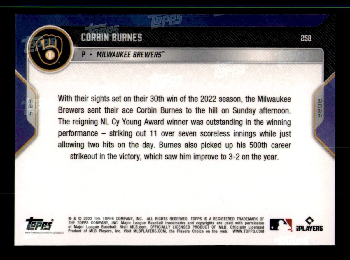 2022 Topps Now Purple Parallel #258 Corbin Burnes Brewers 10/25 | eBay