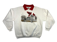 Vtg 90s TULTEX-TAG White/Red CARDINAL BIRD COLLARED SWEATSHIRT Hike Women's L