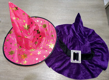 2 girls HALLOWEEN WITCH HATS 1 black soft velvet 1 PINK GOLD STARS wire trim