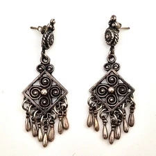 Astri Holthe Vintage Pewter Dangle Earrings, 830 Silver Posts, Nordic Folk Art