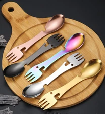 5 In 1 Stainless Steel Spork Spoon Fork Knife Camping Bottle Can Opener EDC Kit