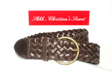 Womens Woven Leatherette Brown Belt Round Brass Buckle Sz 6  XLNT 