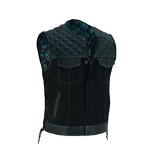 Collarless Men's Club Style Leather Denim Vest  Green Stitches and Side Laces