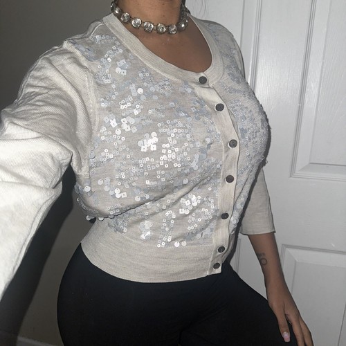 Belford Sweater Button Gray 100% Silk Crop Sequin Cardigan Sz XL XLarge Women’s - Picture 2 of 5