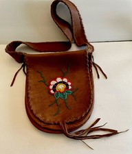 Hand Stitched Native American Indian Purse Reversible Beading Leather Deerskin 