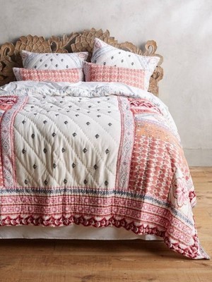Anthropologie Queen Cazorla 100% Cotton Patchwork Pink Orange  Reversible Quilt