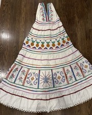 Farm Rio Embroidered maxi dress Linen tiered size S Coastal resort Boho Chic Art