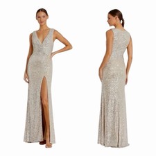 Mac Duggal 26598 Nude Silver Sequin Evening Gown Faux Wrap V Neck Size 10 NWT