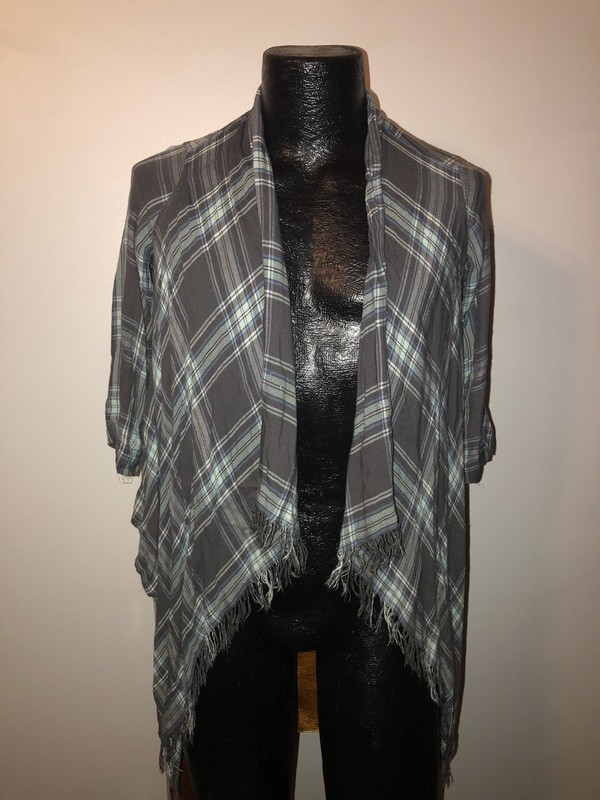 Girls Justice Gray & Blue Plaid Open Cardigan W/ Fringes Sz 14