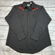 Ely Cattleman Western Red Rose Embroidery Cowboy pearl snap Black Shirt Size XL
