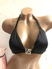 Victoria's Secret Black Embellished VS Shine Logo Swim Bikini Top NWT