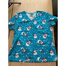 Womens SB Scrubs Snowman    Snowflake    Print Scrub Top Blue size Medium