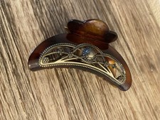 Vintage Large Brown Plastic Hair Clip with Decorative Metal Accents Made In USA