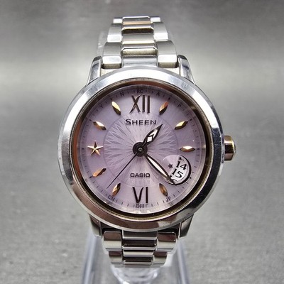 Casio Sheen Solar Watch Women 26mm Purple Dial Two Tone Date Atomic SHW-1500