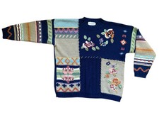 Vintage Blue Wool Sweater with 90s Vintage Flower Embroidery - Missy Medium