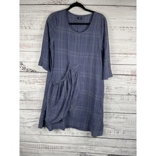 Tulip Dress Womens Small Blue Plaid 3/4 Sleeve Pocket Tunic Boho Cotton Artwear