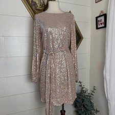 Women  s Pink Rose Gold Sequin Long Sleeve Mini Formal Cocktail Shimmer Dress