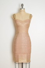 Herve Leger Vestido Vendaje Champagne Metálico Lámina Dorada Sin Tirantes Bodycon Fiesta S