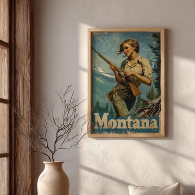 Vintage Montana Travel Poster Retro Cowgirl Art Big Sky Wall Decor Western Print