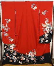 Pure Silk Red-Black Gradation Kimono with Cherry Blossom Design, Used