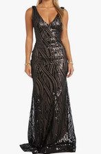 NIGHTWAY Long Swirl Pattern Sequin Gown W/Power Mesh Side Insets Deep V-Back 8