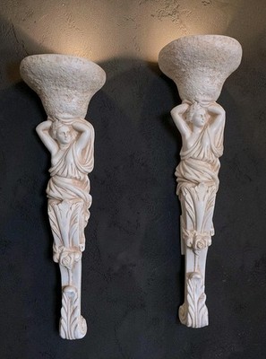 VINTAGE GREEK GODDESS PLASTER CARYATID CORBEL WALL HANGING  SCONCES 28'' TALL