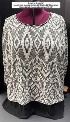 NWT Ruby Road Tunic Top Size 3X Dolman 3/4 Sleeve Sheer Black Fabric at Hem