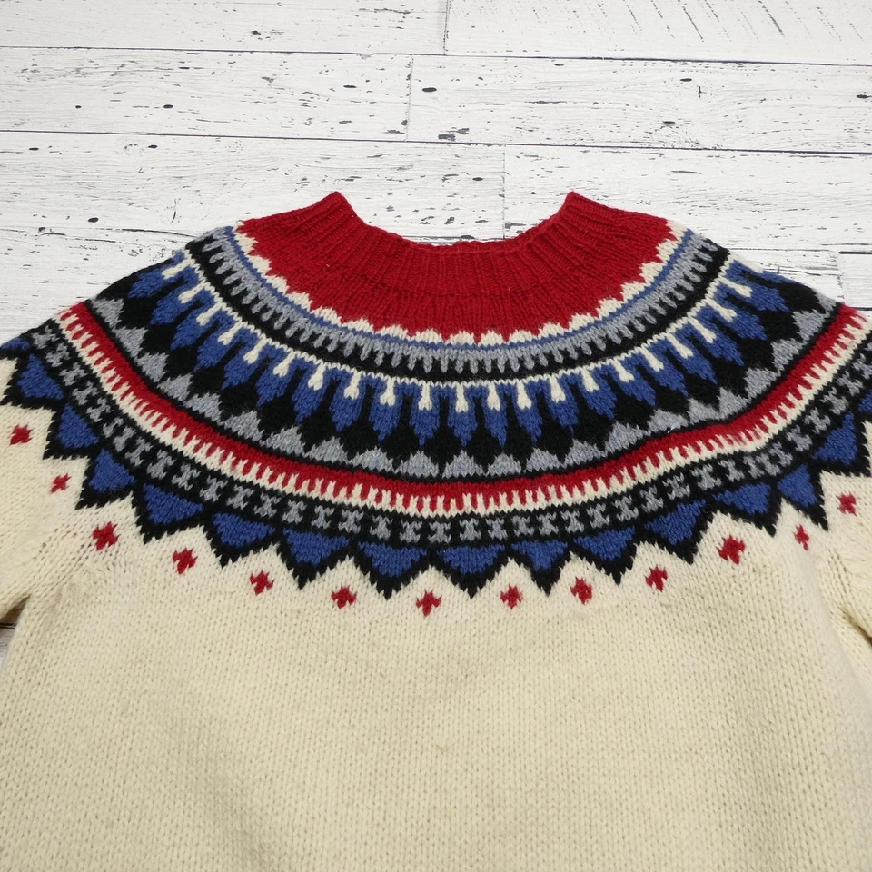 Suéter Eddie Bauer Mujer Mediano Crema Rojo Azul Lana Fair Isle Pullover Nórdico Foto 2 de 4