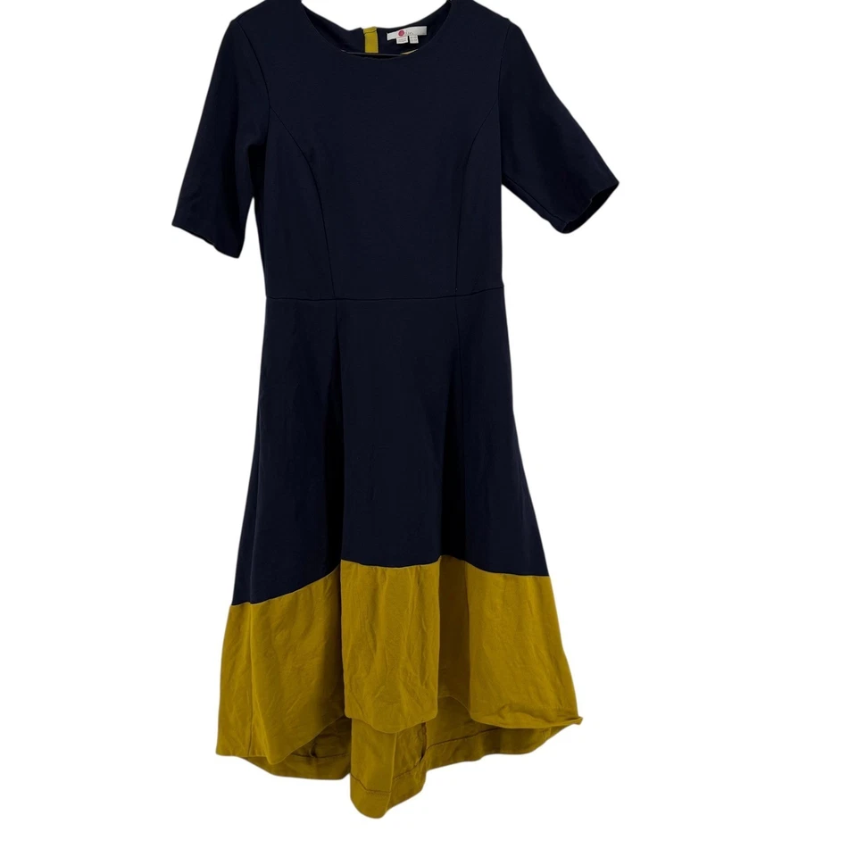 Boden Wren Navy Gold Colorblock Hi-Low Midi Dress size 10P Short Sleeve Flare - Image 3 of 4