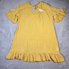 Ekouaer Dress Large Yellow Tunic Ruffle Hem Flutter Sleeve Back Tie Boho Summer