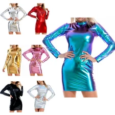 US Women's Shiny Metallic Leather Bandage Bodycon Dress Long Sleeve Mini Dress