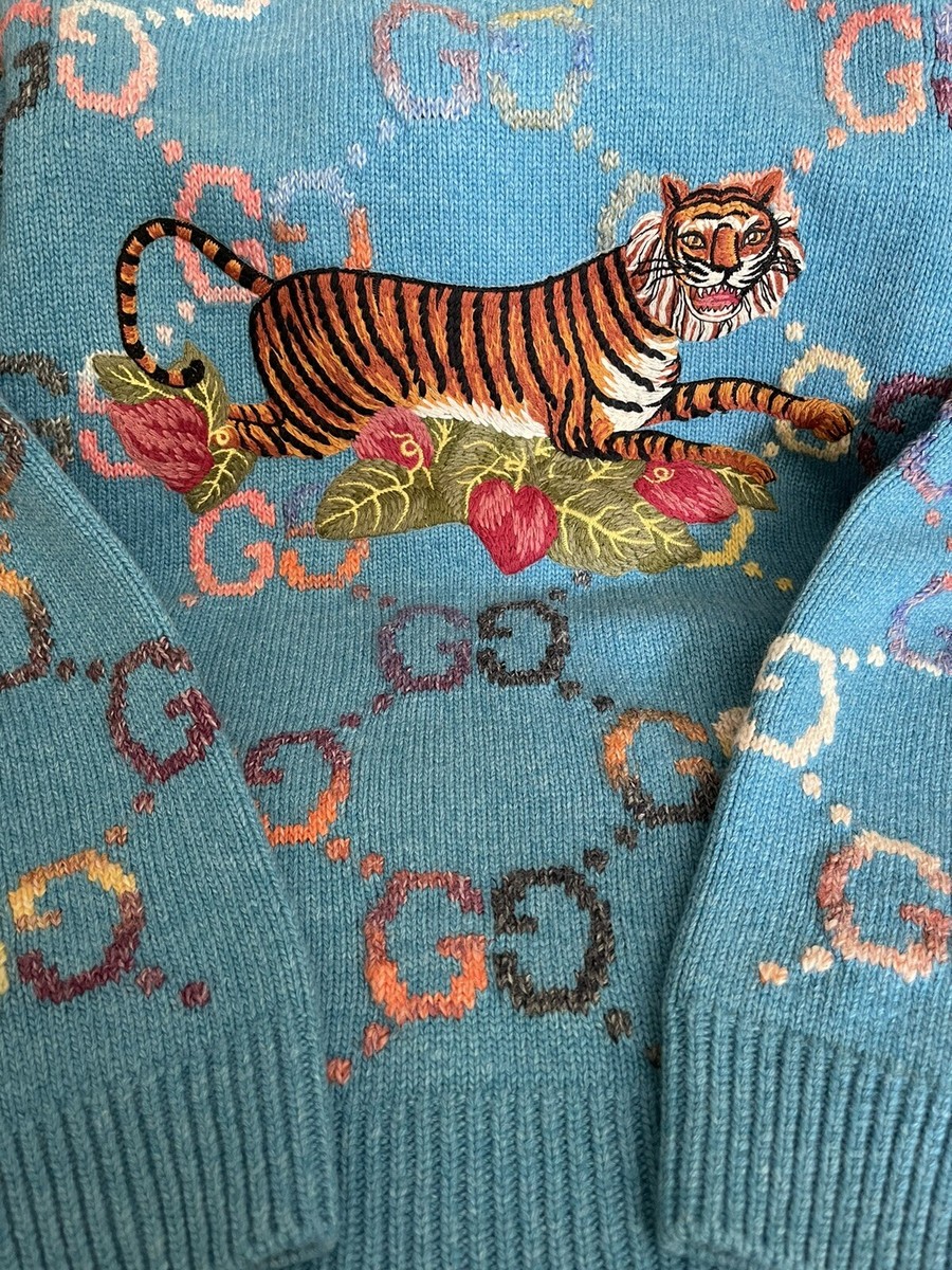 100% Authentic GUCCI Blue GG Sweater With Tiger Size: L | eBay