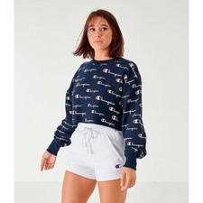 Champion Women Reverse Weave All-Over Logo Cropped Cut Off Crewneck Small Blue S