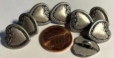 8 Antique Silver Tone Metal Shank Heart Buttons Black Accent 9/16" 14mm 12803