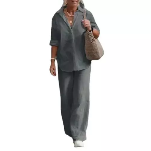 Women's Cotton Linen Suit Sleeve Shirt Long Loose Pants Set Female Casual Sets - Picture 17 of 26