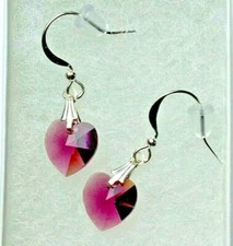 Heart Earrings Purple Crystal Sterling Silver Plated Hooks Dainty