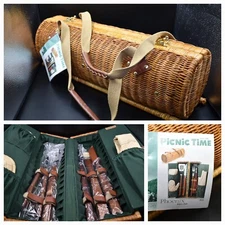 VINTAGE PICNIC TIME BASKET BBQ GRILL SET "PHOENIX" NWT 23" WICKER BASKET 