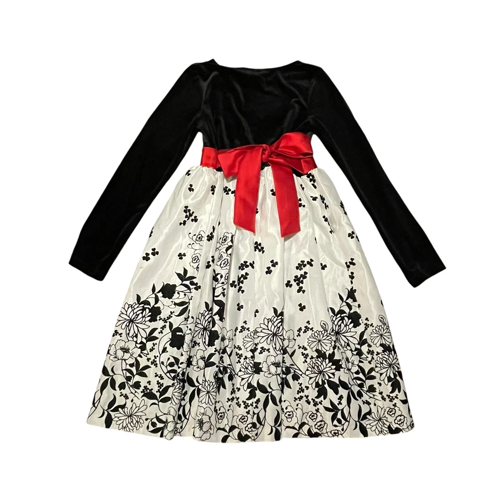 Vestido Rare Editions Meninas 14 Preto Veludo Branco Cetim Flocado Vermelho Laço Natal - Imagem 2 de 4