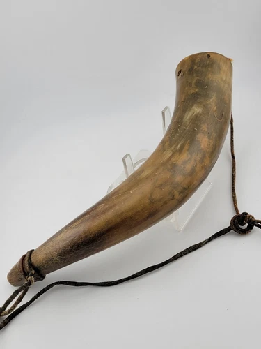 Antique Civil War Era Powder Flask of Natural Horn with Leather Shoulder Strap