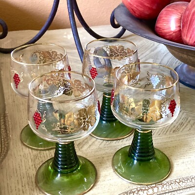(4) Luminarc Wine Romer Glass Red Jewels Green Beehive Stem Gold France Vaduz