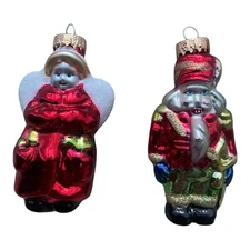 Glass Christmas Ornaments Angel And Nutcracker  Red Gold Glitters Set of 2 4”