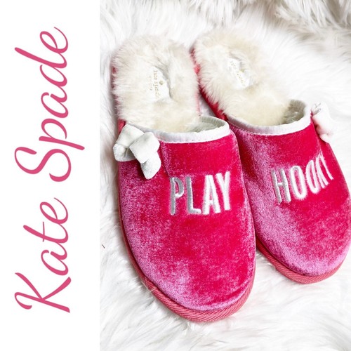 KATE SPADE PLAY HOOKY PINK VELVET SLIPPERS FAUX FUR LINING, SIZE 7 - Picture 5 of 10