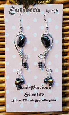 Eutierra Semi-Precious Hematite Earrings Hand Crafted In USA Silver Plated 3''