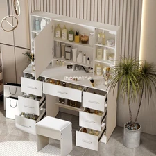 Dressing Table Cosmetic Table Makeup Desk Vanity Stool with LED Lighting Mirror
