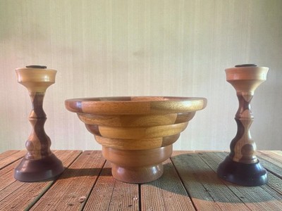 Handcrafted Segmented Woodturning Set Bowl & Candlesticks Mixed Hardwoods
