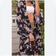 SPIRITUAL GANGSTER One Size Black Floral Lightweight Maya Kimono Beachy Boho