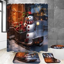 Christmas Snowman Sled Shower Curtain Sets 4Pcs Bathroom Set Holiday Decor wi...