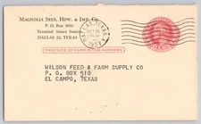Dallas, Texas — Magnolia Seed Hdw. & Imp. Co. business reply card, Chrome — 1957