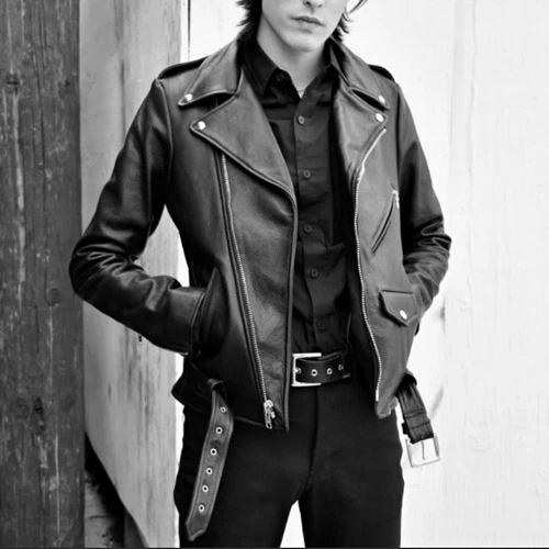 The Cast Terminal Collection Men's Black Leather Studded Belted Biker Jacket XS - product listing photo