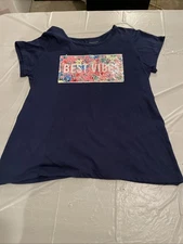 Arizona Jean Co Tshirt Plus  2XL 20 1/2 Blue S/S Flip Sequin Best Vibes Ever T2